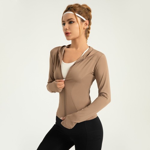 Hooded Slim Yoga Jacket Stretchy Thin Windproof Running Cycling Solid Color Windproof Sports Jacket