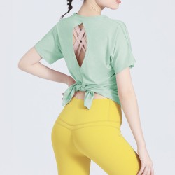 Yoga T-Shirt Women Summer Thin Back Slit Strap Breathable Running Fitness Short Sleeve Yoga Top