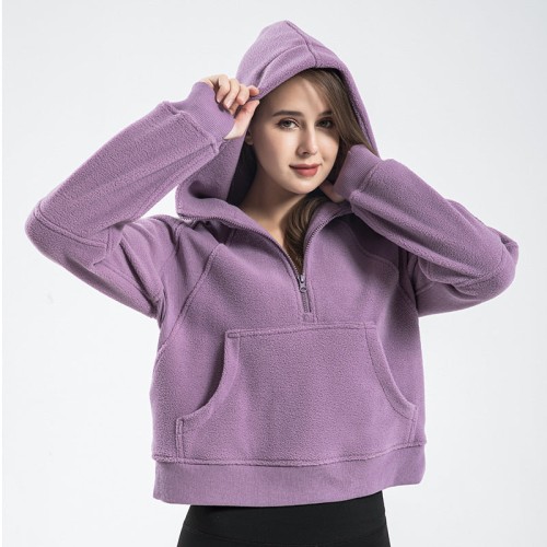 Women's Fleece Long Sleeve Hoodie Half Zip Yoga Running Thickened Fitness Top Jacket