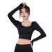 Women Long Sleeve Moisture-Wicking Padded Crop Top for Fitness Workouts