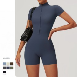 Women Zipper Short Sleeve Tight Sports Jumpsuit Yoga Jumpsuit
