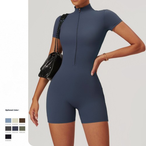 Women Zipper Short Sleeve Tight Sports Jumpsuit Yoga Jumpsuit