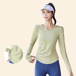 V-Neck Long Sleeve Seamless Yoga Top Slimming Waist Tight Fitness Shirt