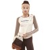 Vintage Style Contrast Stitching High Elastic Slim Fit Women's Crew Neck Long Sleeve T-shirt with Letter Print