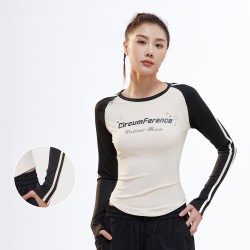 Vintage Style Contrast Stitching High Elastic Slim Fit Women's Crew Neck Long Sleeve T-shirt with Letter Print