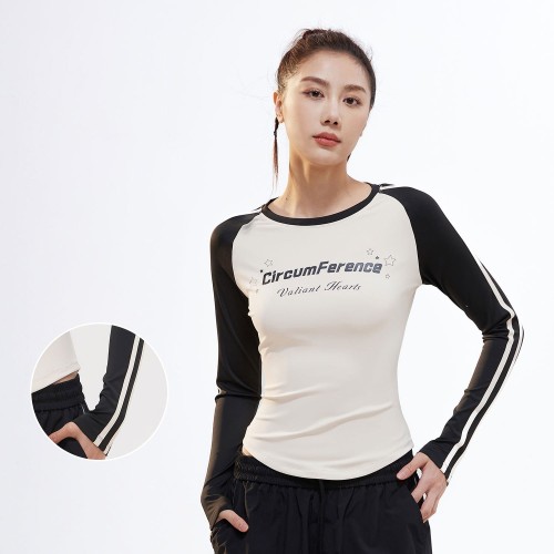 Vintage Style Contrast Stitching High Elastic Slim Fit Women's Crew Neck Long Sleeve T-shirt with Letter Print
