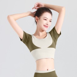 Color Block Crop Top Sports Fitness No Bra Yoga Tight Short Sleeve for Women