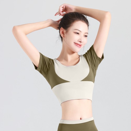Color Block Crop Top Sports Fitness No Bra Yoga Tight Short Sleeve for Women