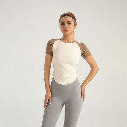 Colorblock Pleated Yoga Top for Women Waist-Shaping Slimming Barely-There Yoga Outdoor Fitness